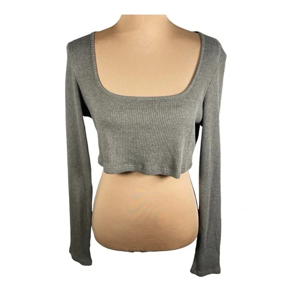 PRETTY LITTLE THING Khaki Marl Rib Round Neck Long Sleeve Crop Top Size 12 - Picture 4 of 11